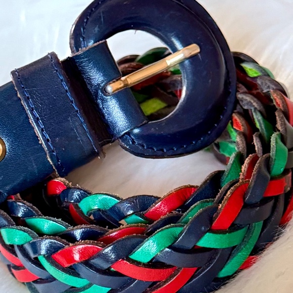 Vintage Italian braided leather belt navy green red woven adjustable main image 9